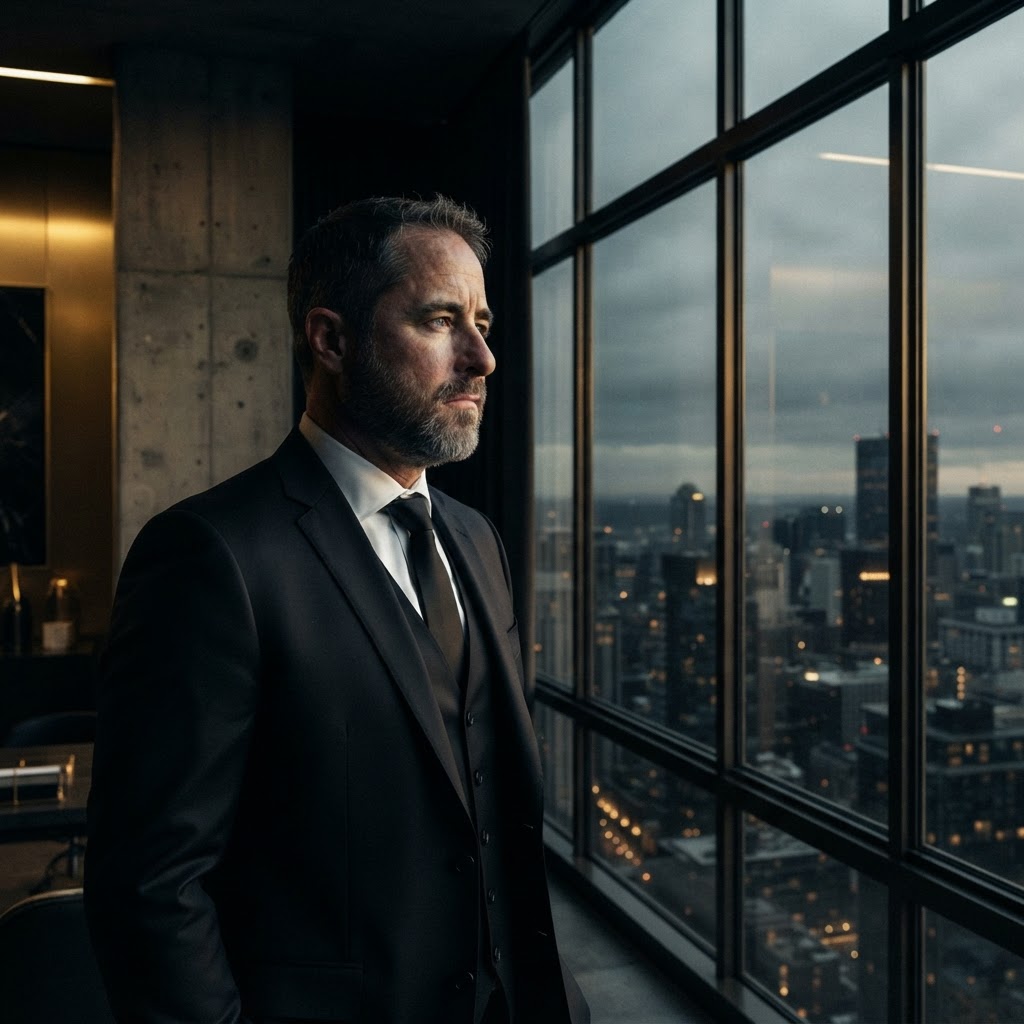 Silhouette of a founder looking out at the city skyline
