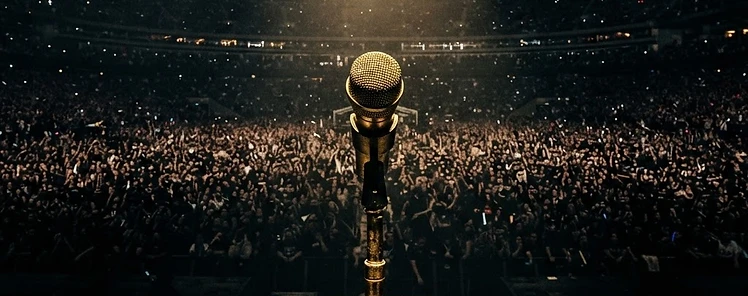 A golden microphone on a stadium stage before a massive crowd of silhouetted figures