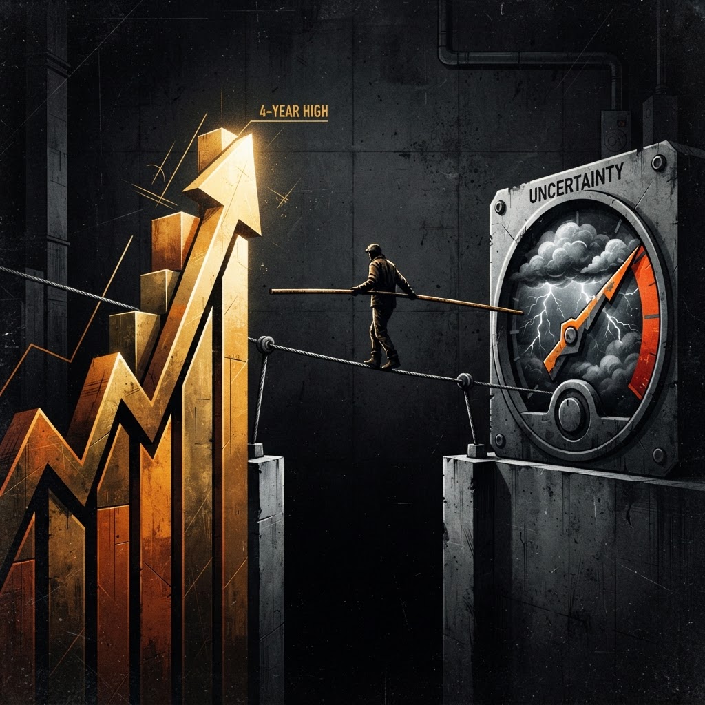 Rising optimism graph beside a spiking uncertainty gauge