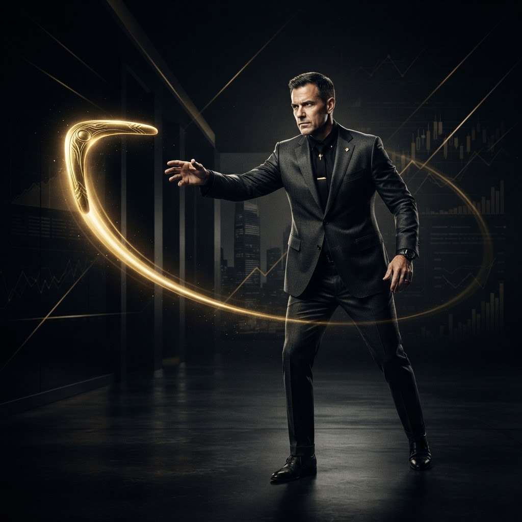 A corporate executive throwing a golden boomerang that arcs back, symbolizing insourcing outsourced operations