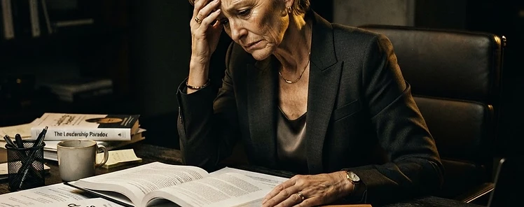 A seasoned female CEO surrounded by abandoned coaching materials and frameworks