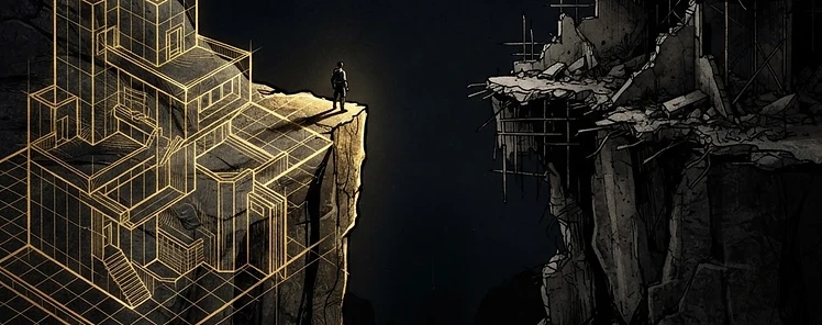 A massive chasm between a glowing blueprint and an unfinished building
