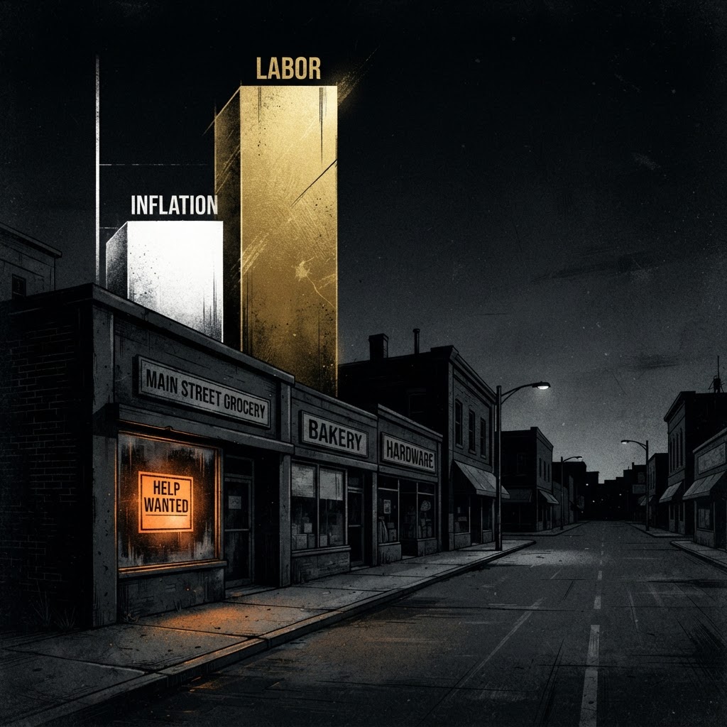 A Main Street storefront with an empty help-wanted sign as labor overtakes inflation