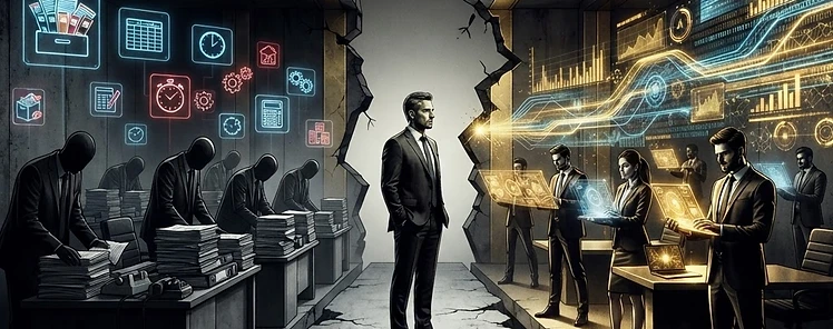 A CEO standing between a fractured boardroom of order-takers and entrepreneurial AI operators