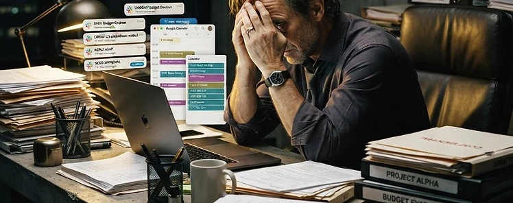 An exhausted CEO buried under paperwork and notifications