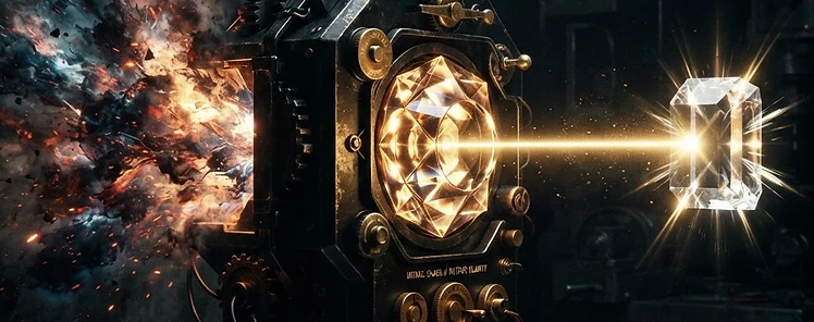 A golden mechanical prism transforming chaotic emotional energy into sharp crystalline clarity
