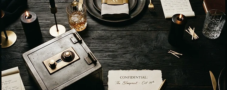 An intimate executive dinner table with candles, handwritten notes and a premium direct mail package