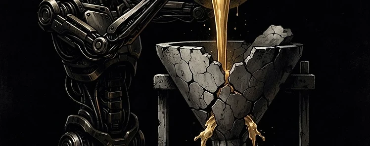A futuristic AI robot pouring golden liquid into a cracked, broken funnel