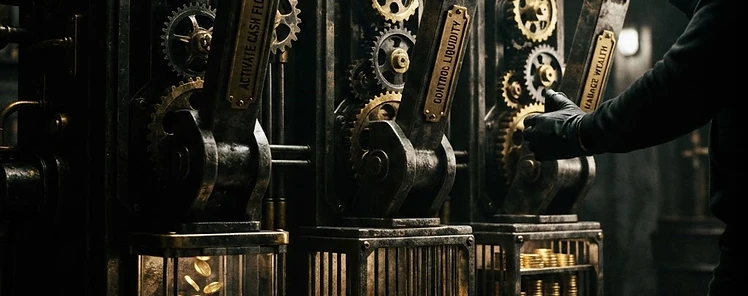 A golden mechanical apparatus with three large levers controlling cash flow gear systems
