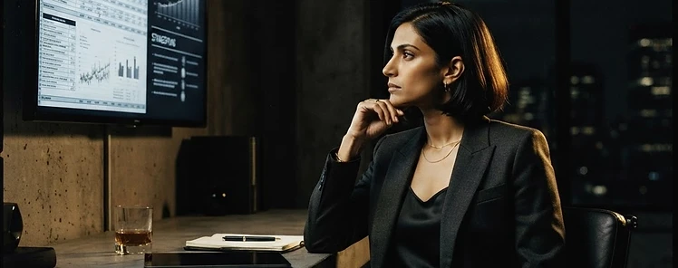 A female CEO alone in a dim office contemplating a major decision