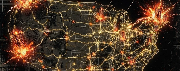 A U.S. power grid under siege with data centers emitting intense energy glow