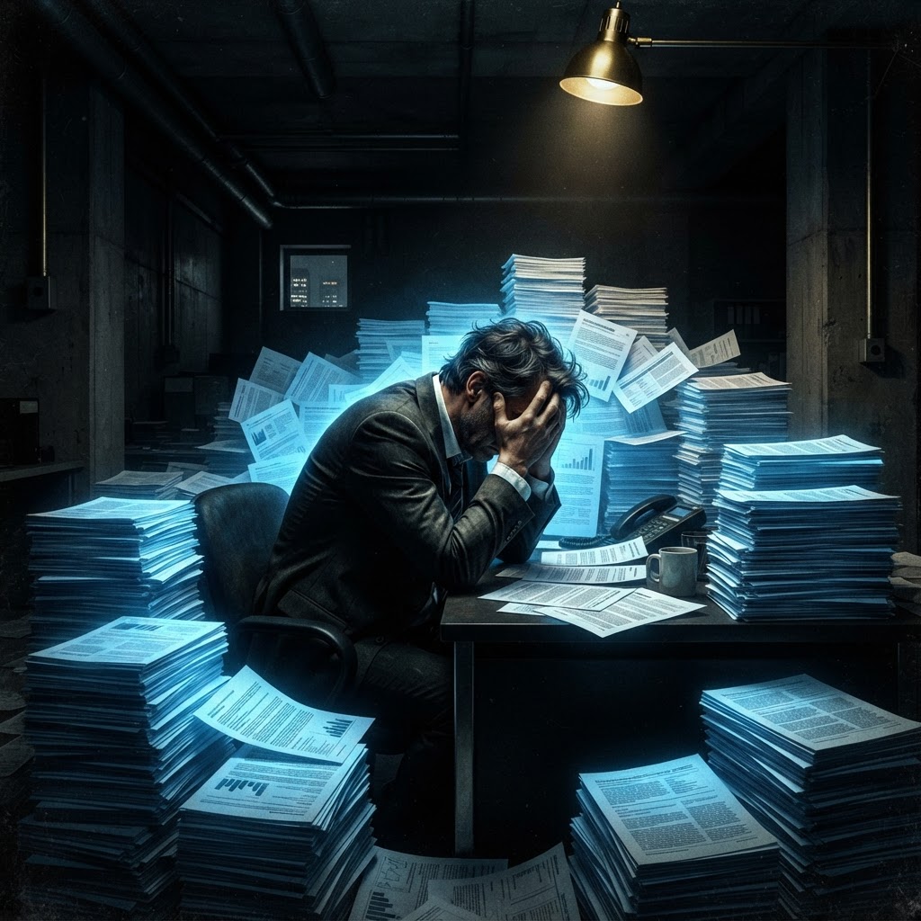 An exhausted executive buried under a mountain of AI-generated documents on a dark office desk