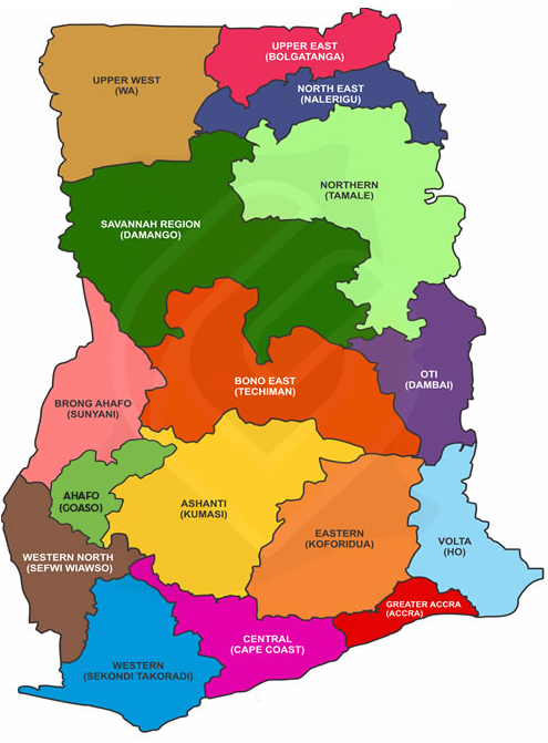 Map of Ghana showing all 16 regions