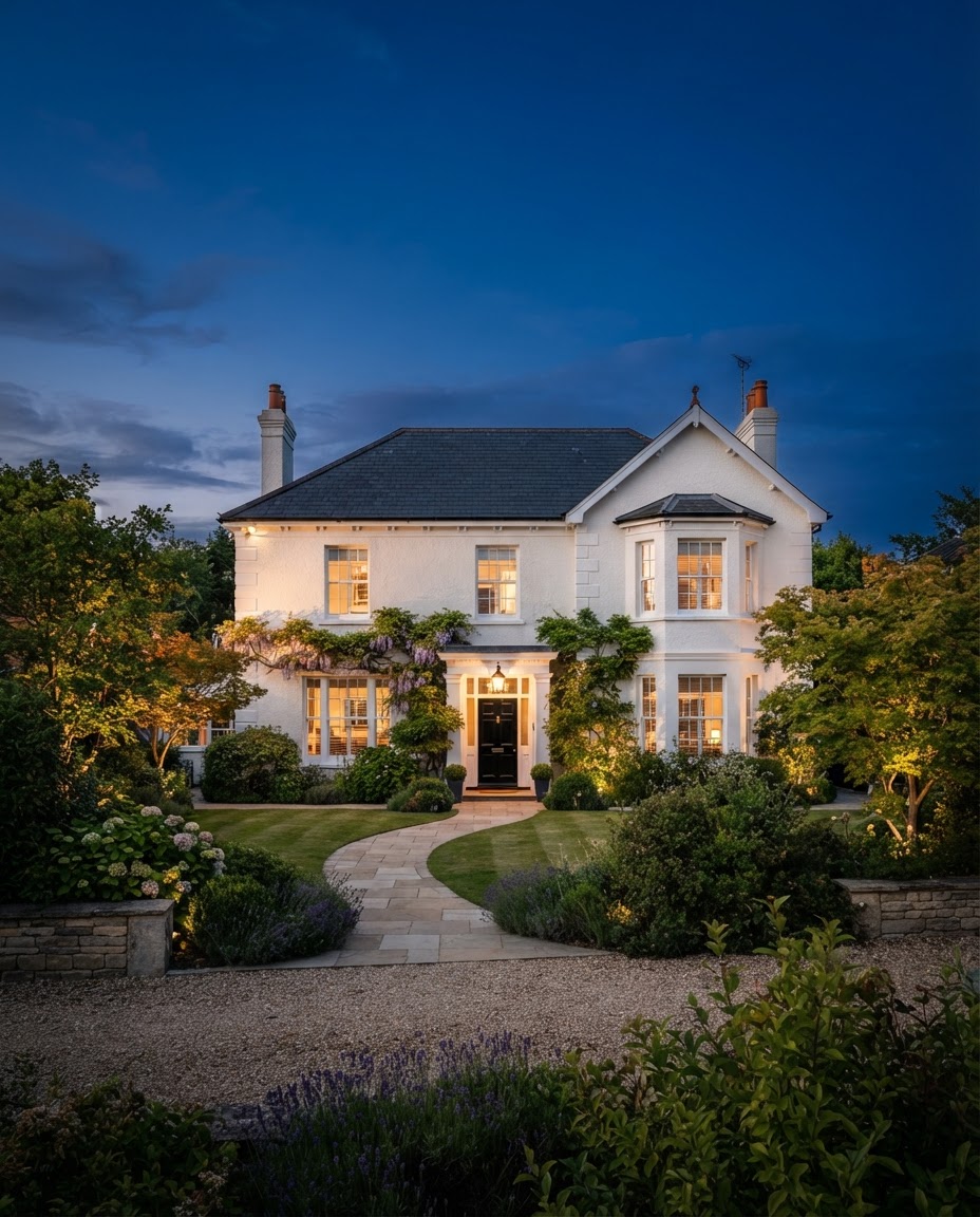 Freshly coated British detached home at dusk