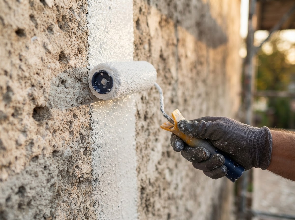 Specialist applying breathable coating to a textured wall