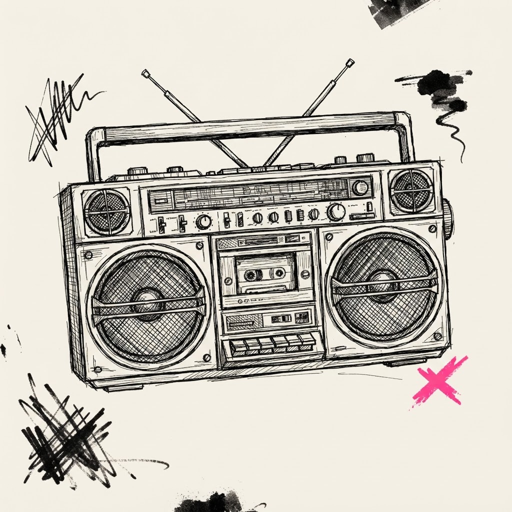 Hand-drawn ink boombox