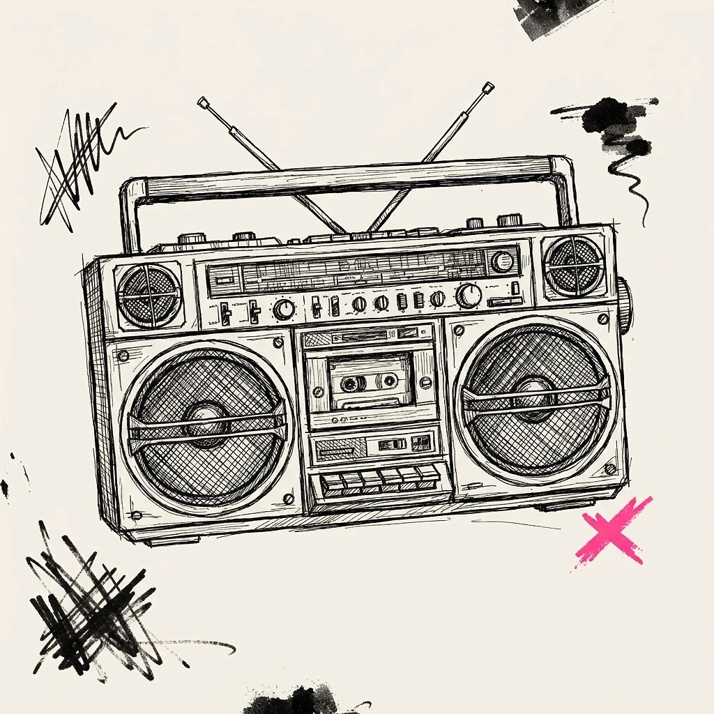 Original ink-drawn studio boombox