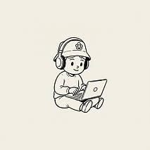 Original hand-drawn Yopla mascot working on a laptop