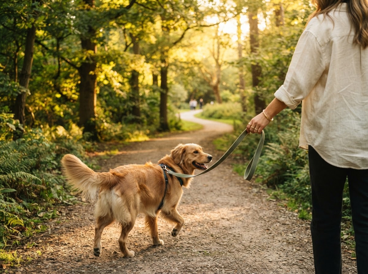 A happy dog being walked through a lush green park path during golden hour
