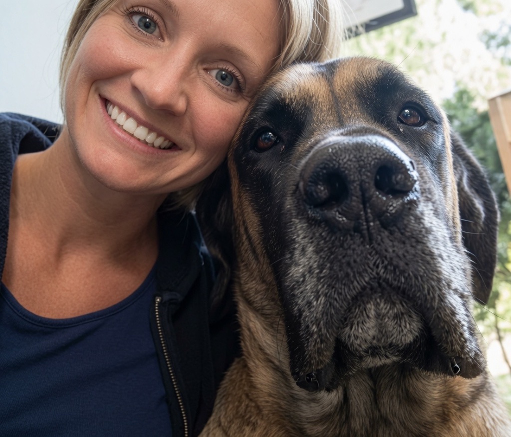Casey smiling cheek-to-cheek with a large mastiff dog