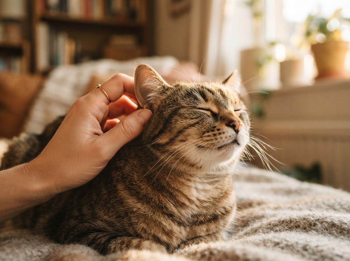 A gentle hand scratching behind a happy cat's ear with warm natural lighting