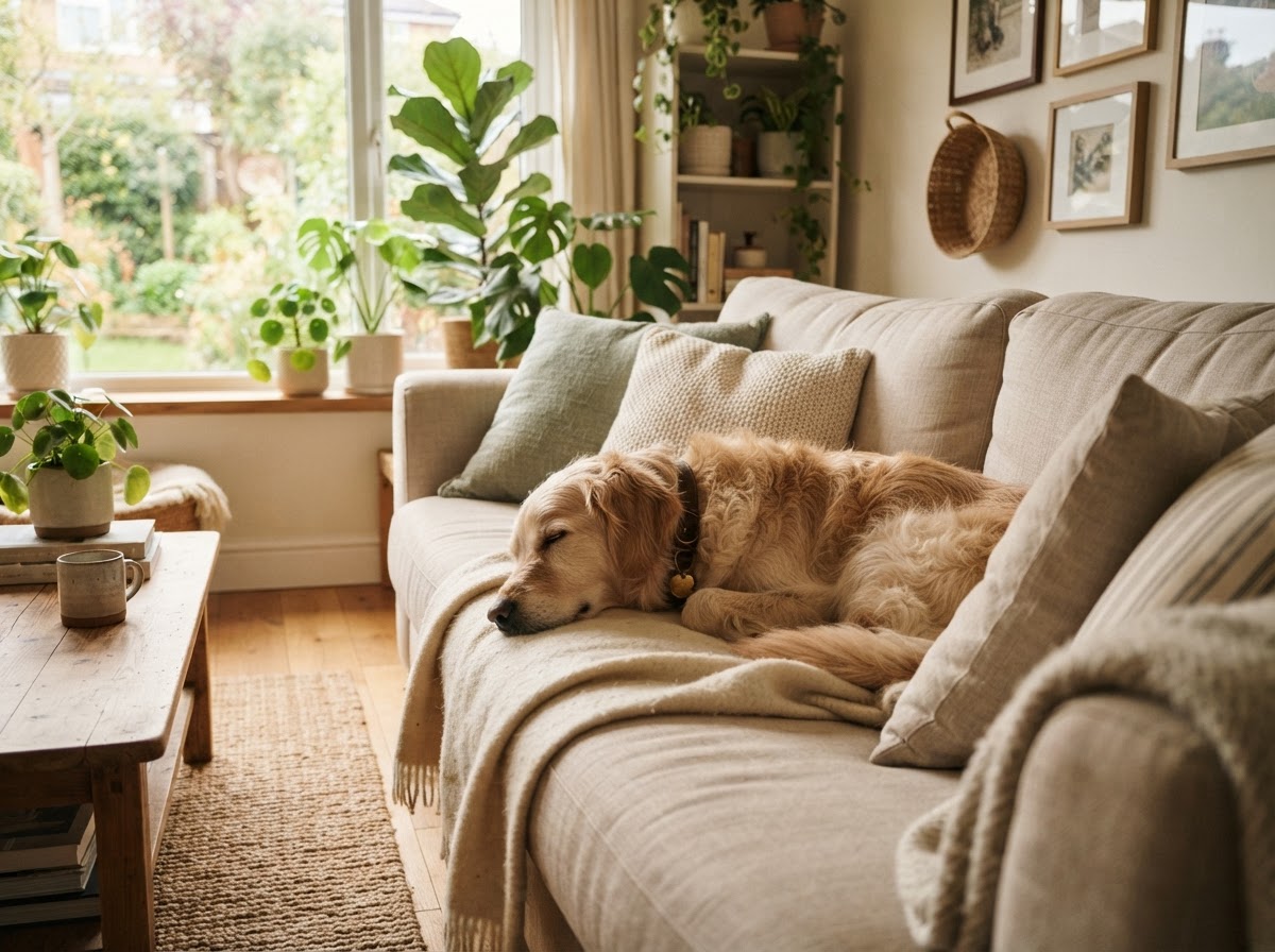 A peaceful dog lying comfortably on a plush sofa in a cozy, well-lit living room