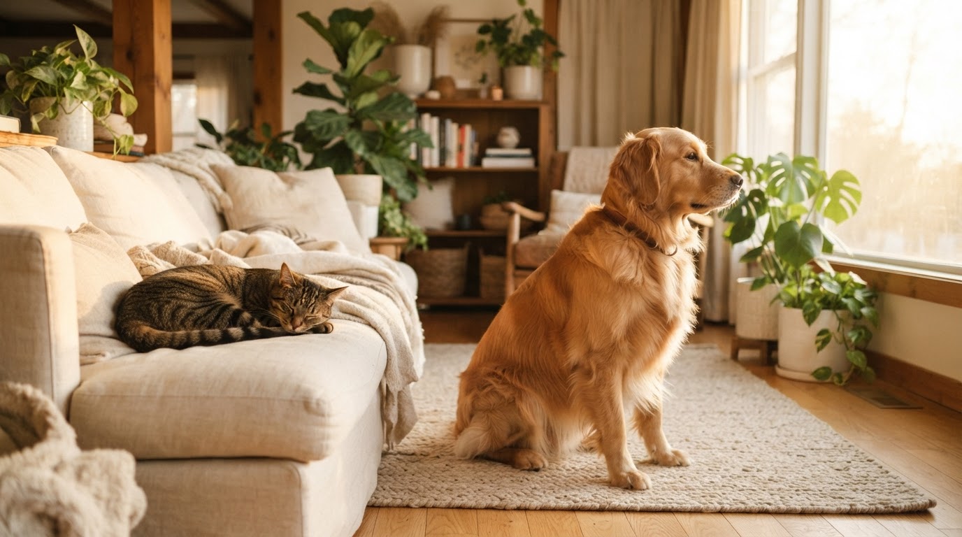 A calm golden retriever and tabby cat resting peacefully in a sunlit, cozy home environment