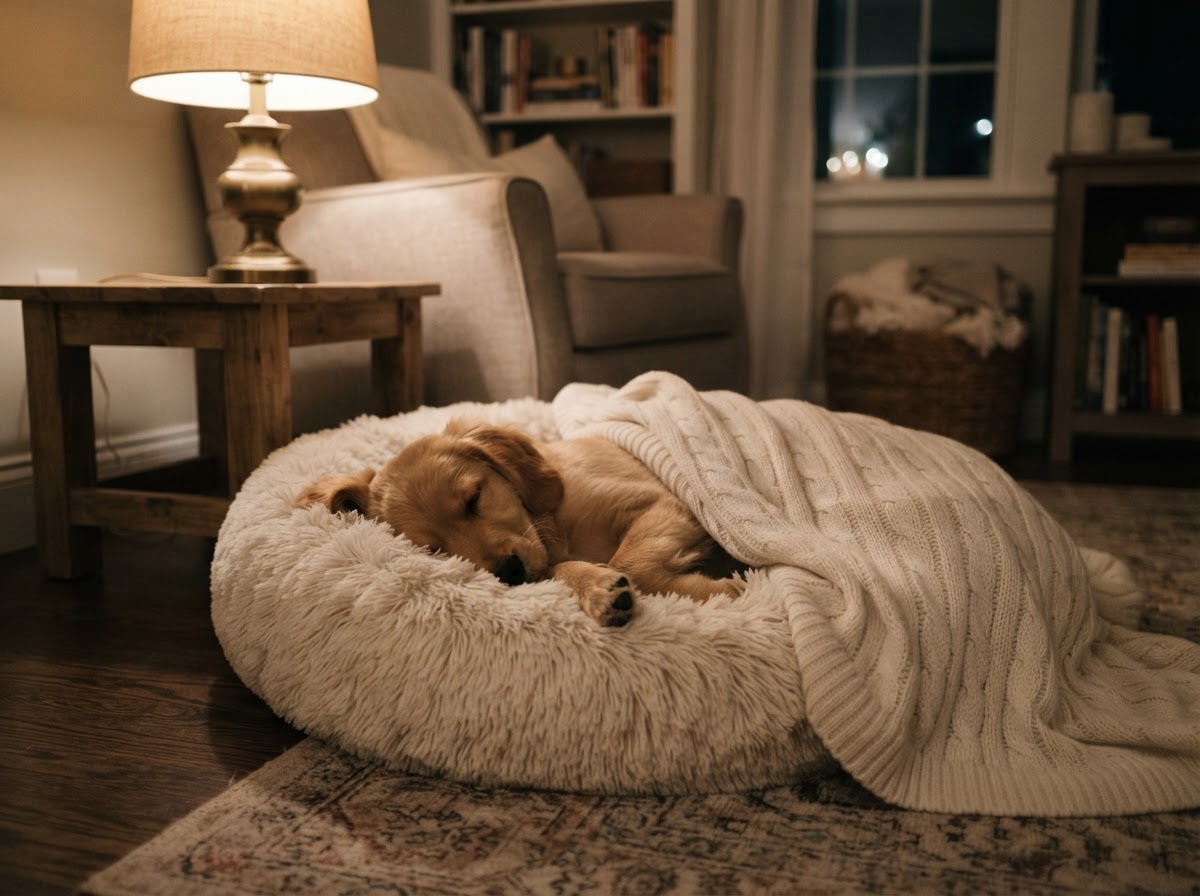 A sleeping dog curled up on a cozy pet bed with a soft blanket in warm lamplight
