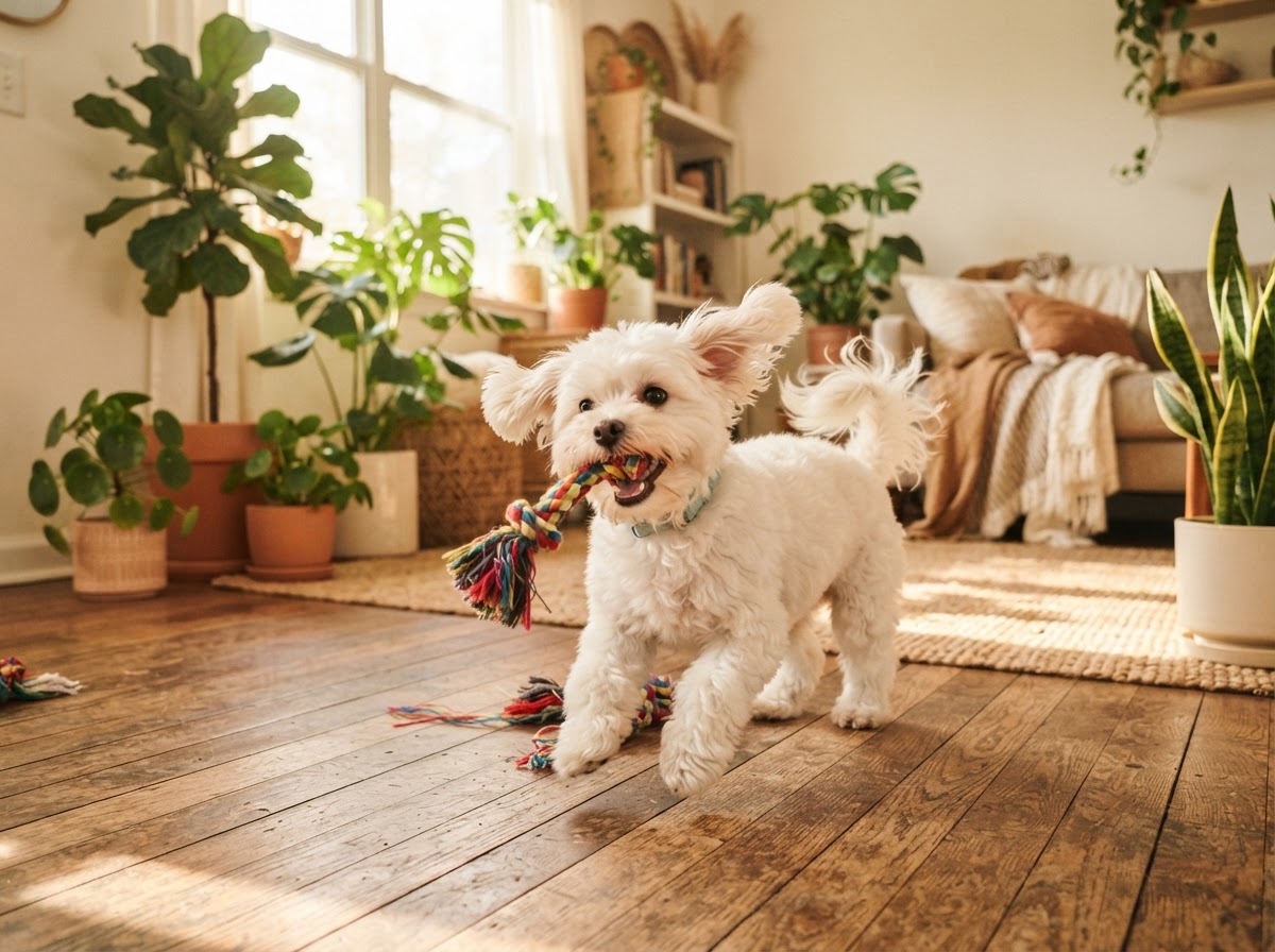 A cheerful small dog playing joyfully in a sunlit living room