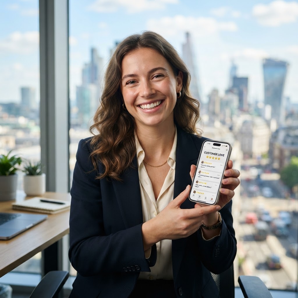 Business owner with positive customer reviews