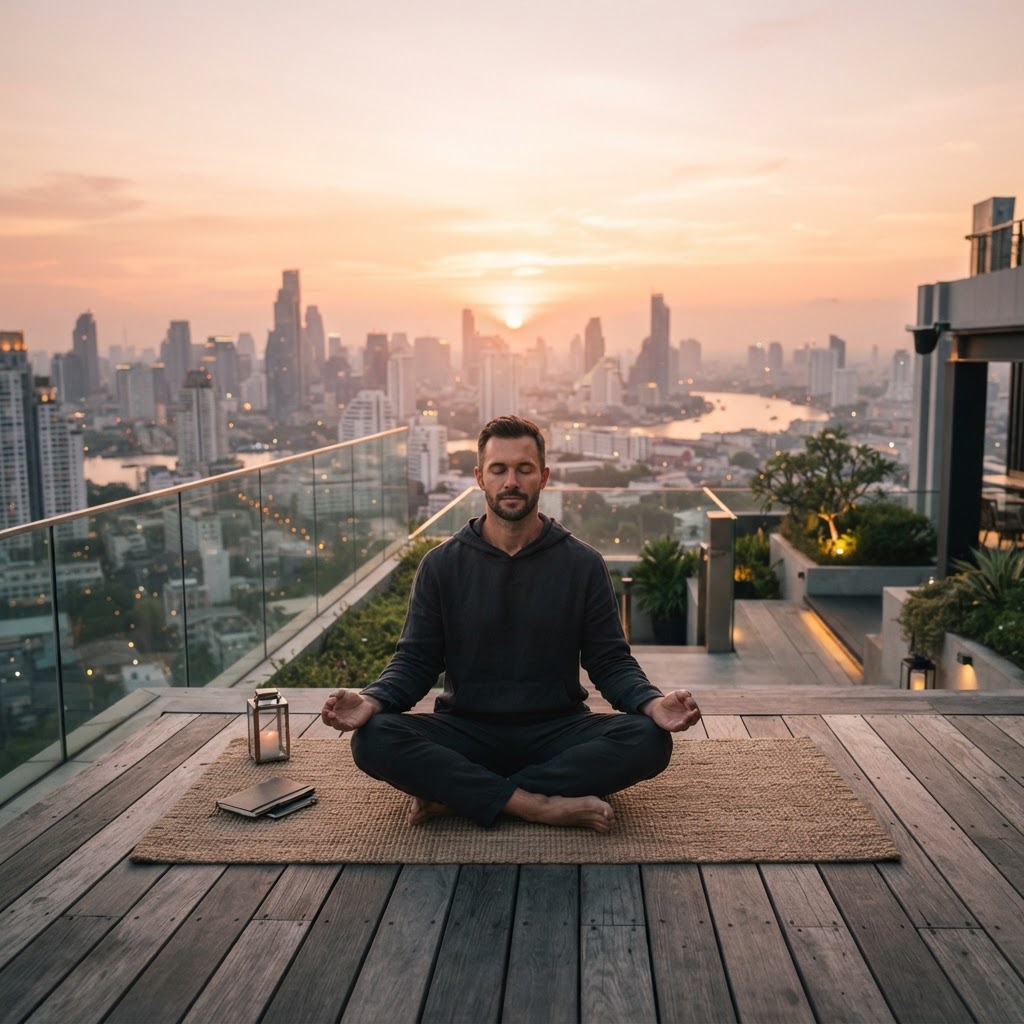 Meditating at dawn rooftop