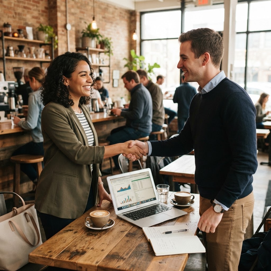 Entrepreneur networking at a coffee shop
