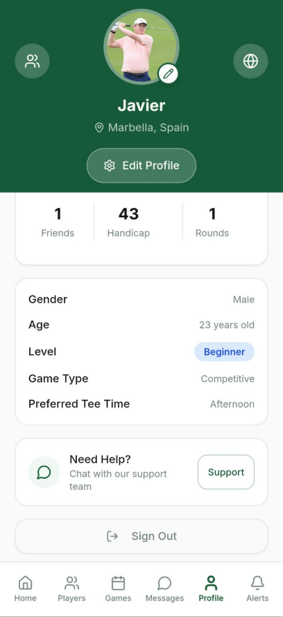 PerfecTee Profile screen