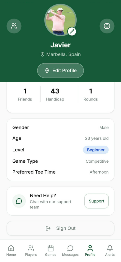 PerfecTee profile screen