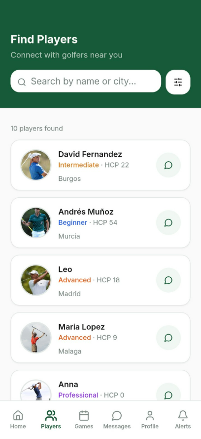 PerfecTee Players screen
