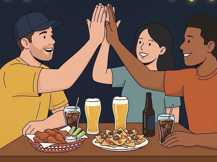 Illustration of four friends high-fiving over wings and nachos at a bar table on trivia night under string lights