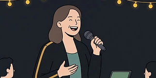 An Epic Trivia host running a game with a microphone in a bar