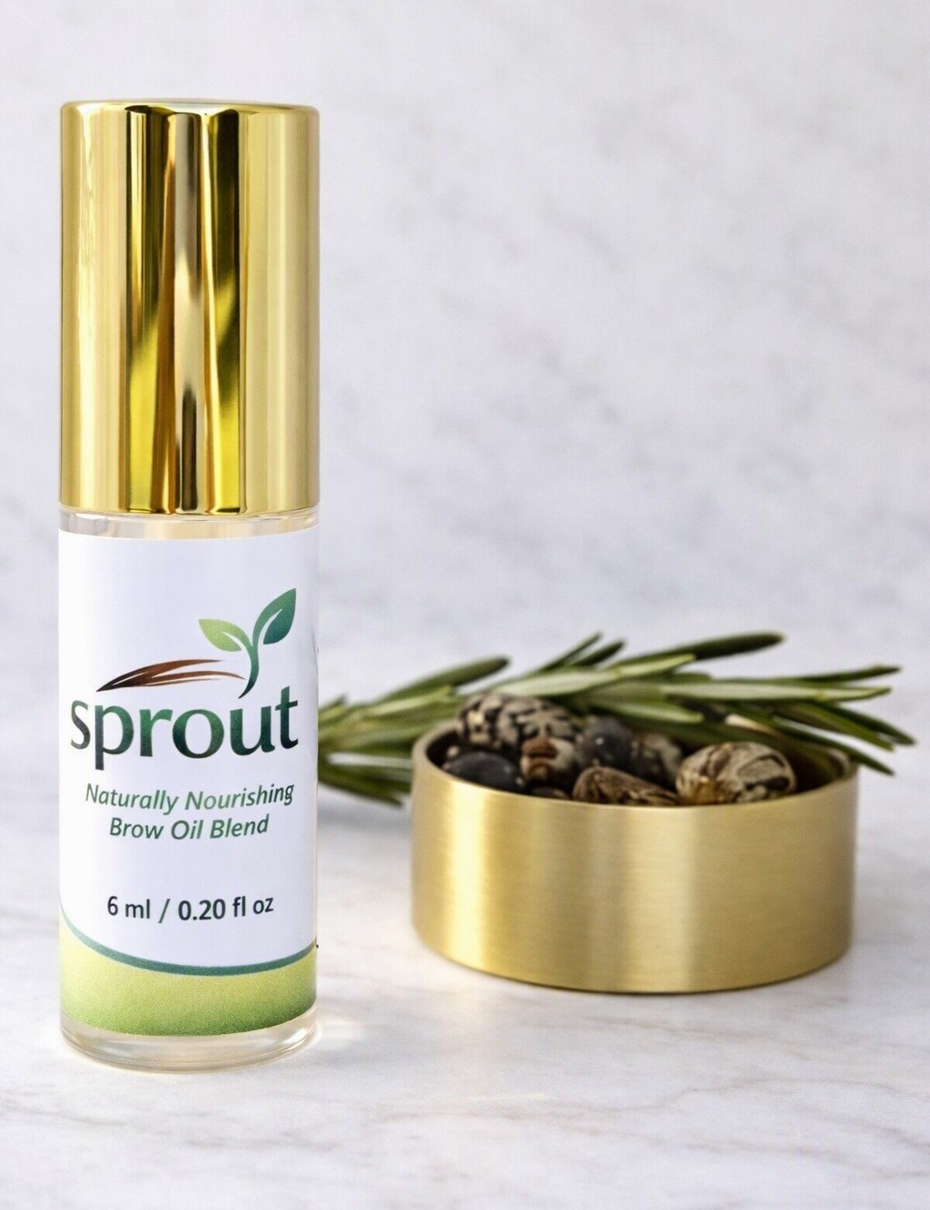 Sprout Brow Oil bottle on cream stone surface