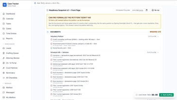 A readiness snapshot shows your attorney exactly what is left.