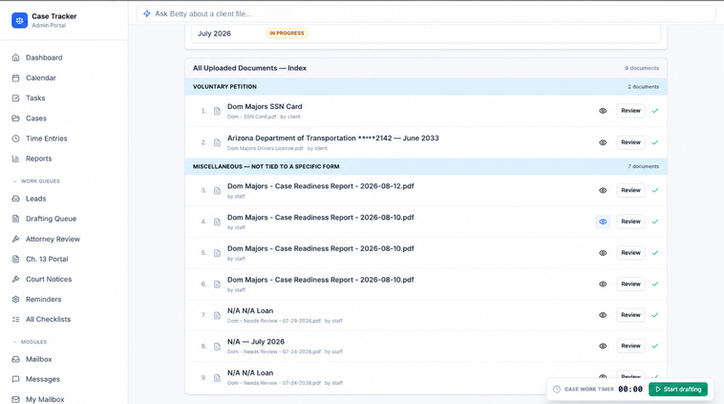 Your bankruptcy case dashboard in the Majors Law Group app, powered by Bankruptcy.AI