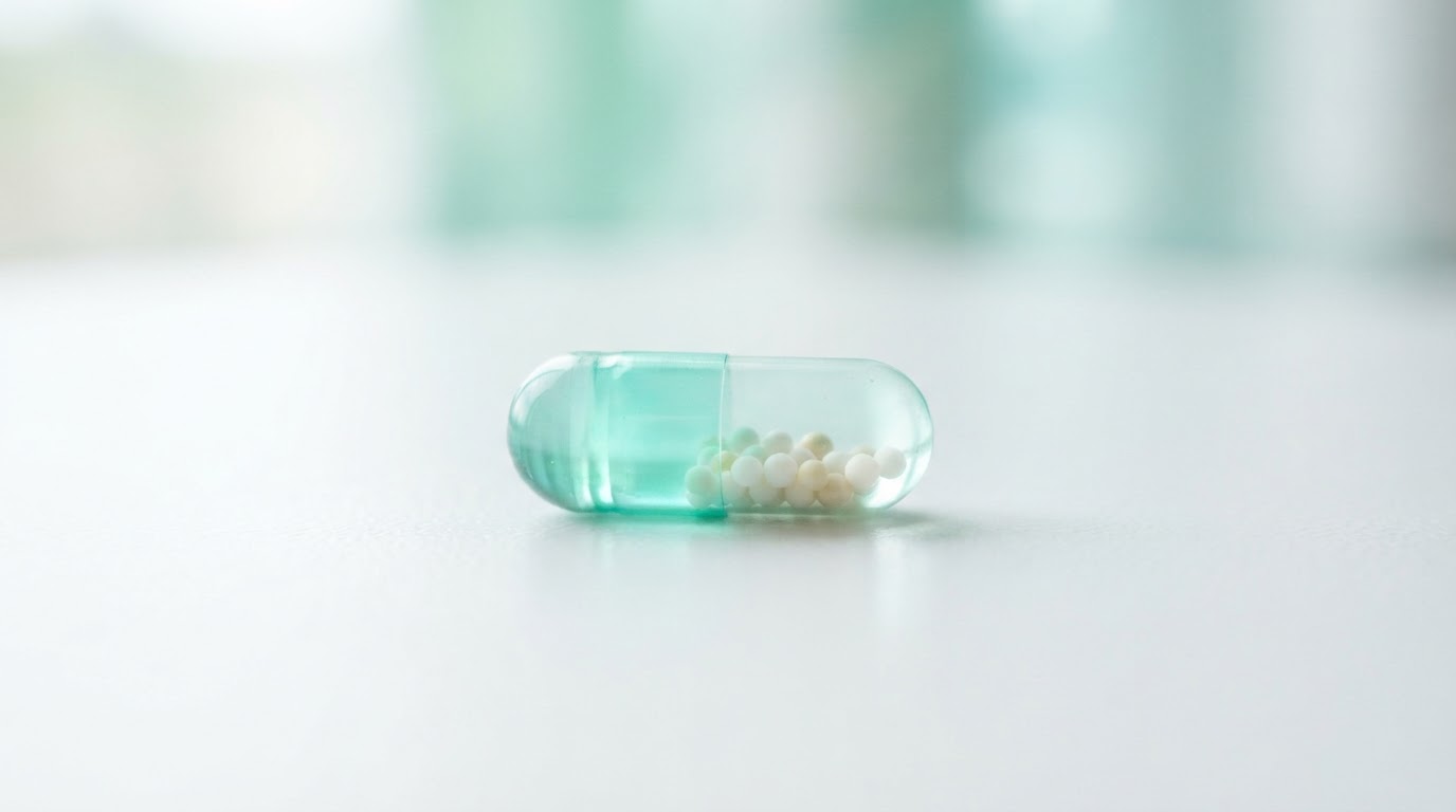 Translucent prescription pill refracting light on pristine white surface