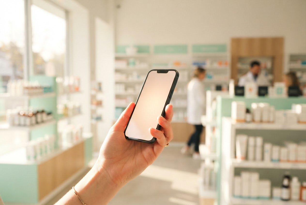 Hand holding smartphone with SkoogRX in bright pharmacy setting
