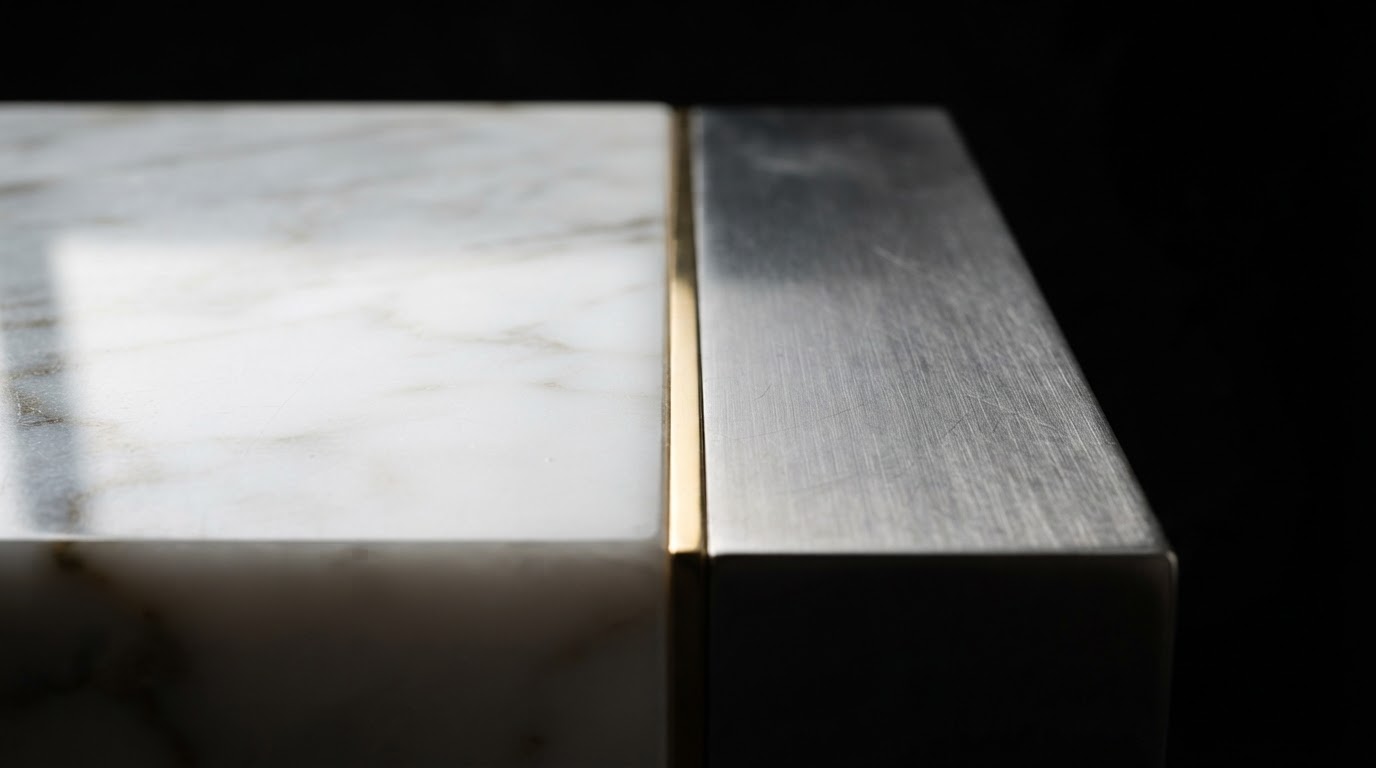 Premium architectural materials — marble meeting steel with gold inlay