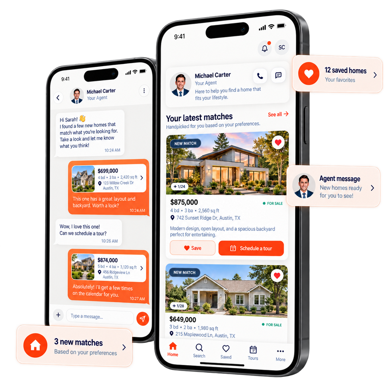 Buyer portal on mobile showing matches, saved homes and agent messages