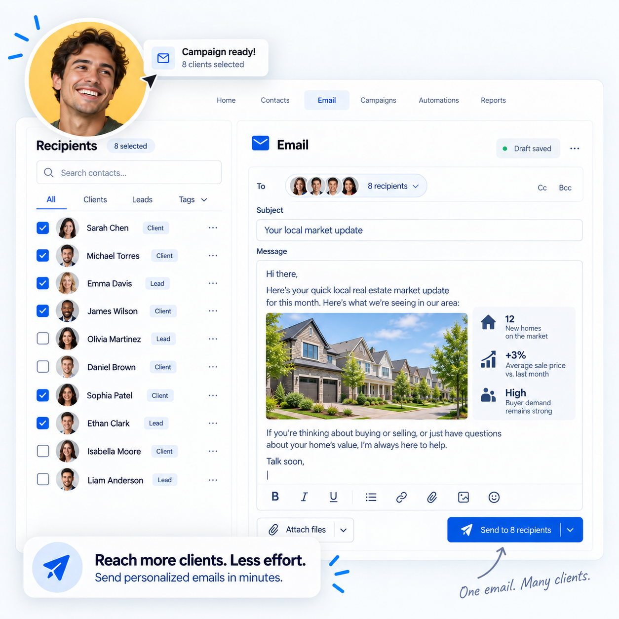 BrokerMule email composer with a client list selected and a market update drafted