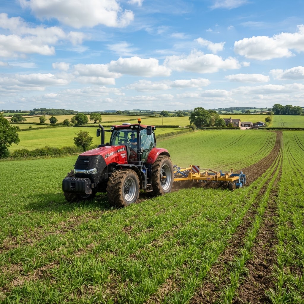 Tractor working in a green field