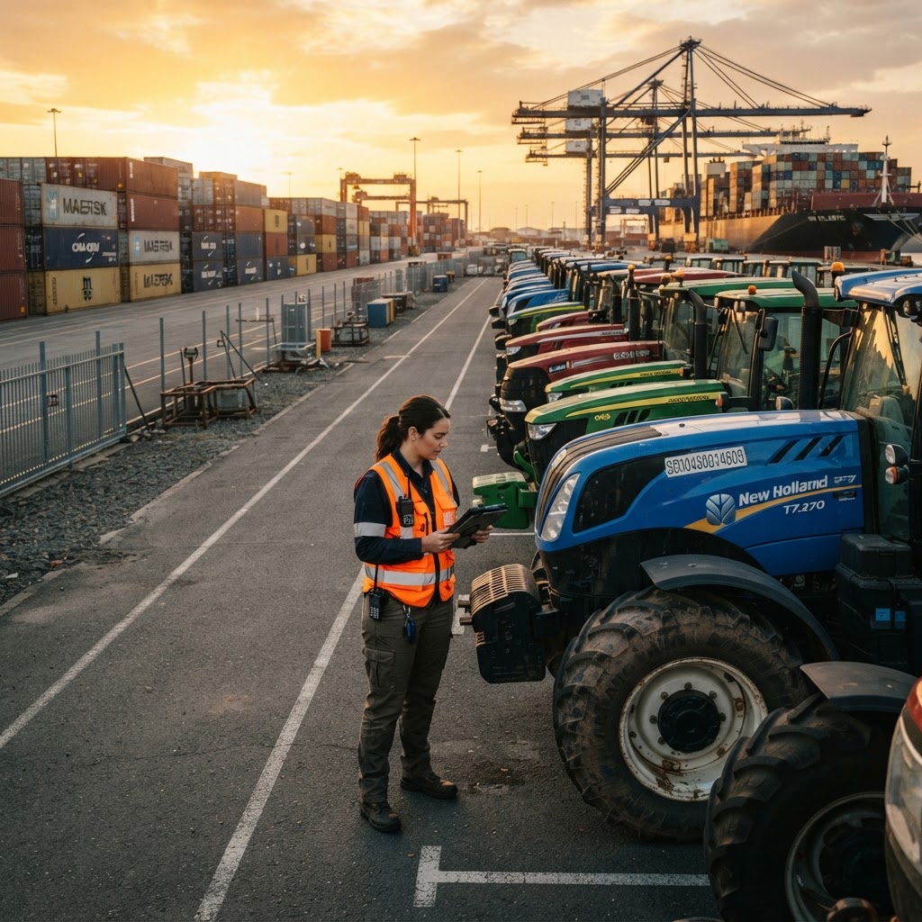 Inspector examining export-ready agricultural equipment at a port yard