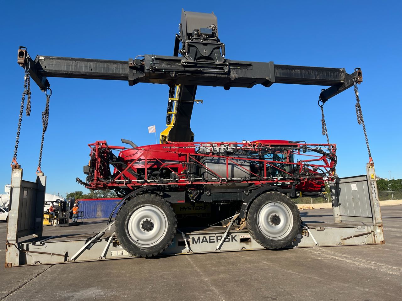 Agricultural sprayer loaded for international shipping
