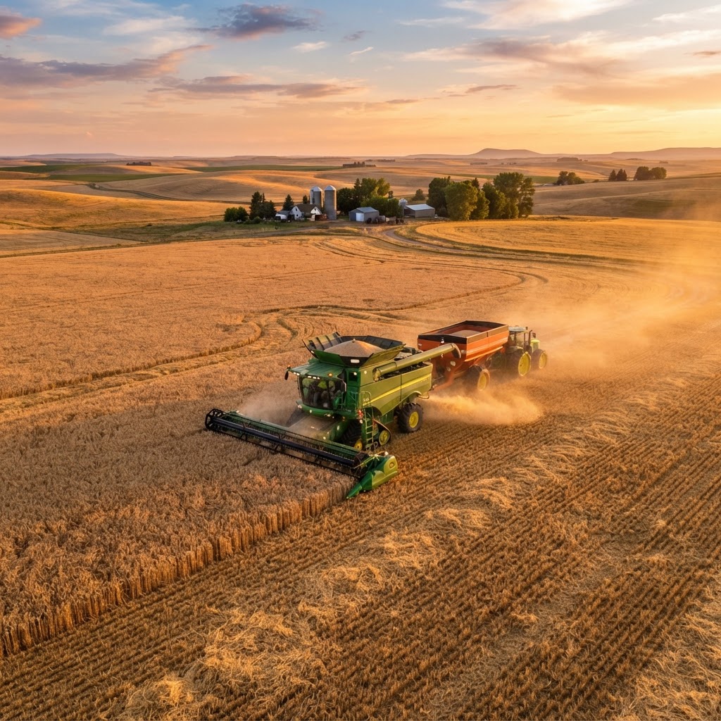 Combine harvester working in a golden wheat field