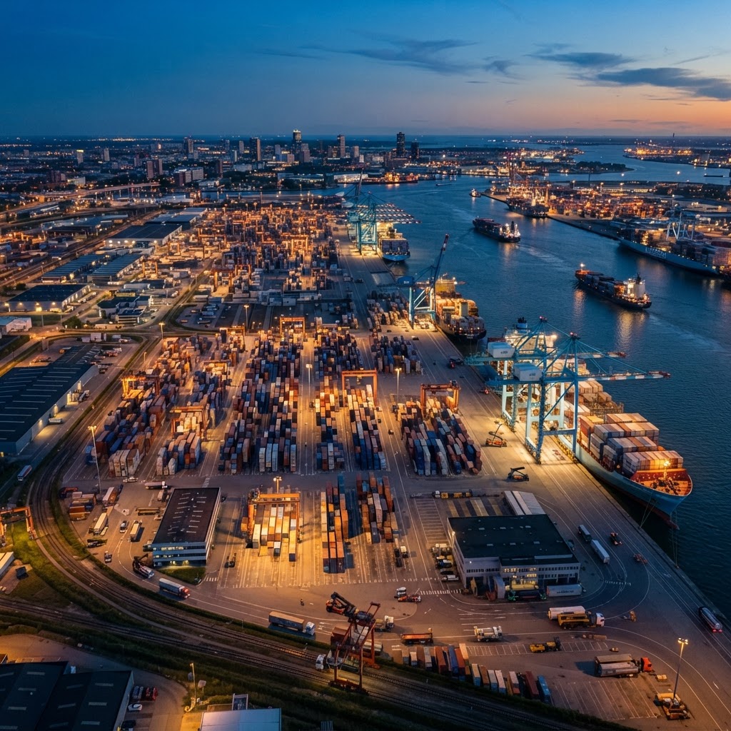 Busy international shipping port at dusk